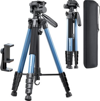 74″-Camera-Tripod, Navy Blue Professional Aluminum Heavy Duty Tripod Stand for Mirrorless Camera/DSLR/Cell Phone/Camcorder, with Holder and Travel Bag
